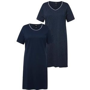 Ulla Popken 2 stuks, grote overhemden, eenvoudig en gestippeld, nachthemd voor dames, Nachtblauw.