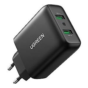 UGREEN USB Oplader 36W QC 3.0 USB Snellader Charger 2 Poorts Oplader voor Galaxy S10 S9 S8 A51 A20e A51, Redmi Note 9S Note 8 Pro Note 7, iPhone iPad enz. Zwart