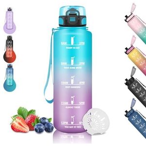 Waterfles, 1,5 liter, sportfles, verliesvrij, gegradueerde drinkfles met tijdschaal, gemakkelijk te reinigen, drinkfles voor yoga, hardlopen, wandelen, kamperen, blauw paars