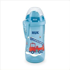 NUK First Choice Flexi Cup leerfles, vanaf 12 maanden, lekvrij met rietje, clip en beschermkap, BPA-vrij, 300 ml, brandweerwagen (blauw)