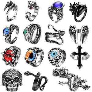 Adramata 15 stuks stapelbare open ringen voor dames en heren, punk, vintage, boho, slang, draak, metaal, Lak Metaal