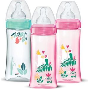 DODIE Set van 3 babyflessen 330 ml voor meisjes, ronde speen tegen koliek