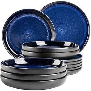 MÄSER 931972, serie Niara, moderne bordenset voor 6 personen in spannende vintage look, 12-delige tafelservies van keramiek in blauw en zwart, steengoed