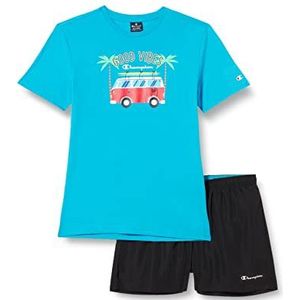Champion Legacy Back to The Beach NS S/S T-shirt en strandshorts kostuum kinderen en jongens (fluorescerend / nero), 13-14 jaar, Blu fluorescerend