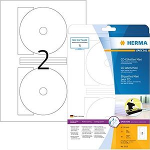 HERMA 5115 50 stuks CD-DVD etiketten met centreerhulp, ondoorzichtig, 25 vellen Ø 116 mm, 2 per A4-vel, zelfklevend, bedrukbaar, mat, wit