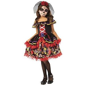 Rubies Catrinita Deluxe kostuum voor meisjes, zwarte jurk van rode tule, schedel en rozenhoofdband met sluier, origineel Rubies voor Halloween, Kerstmis, carnaval en verjaardag