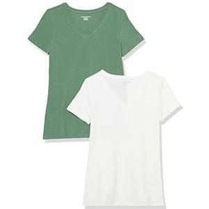 Amazon Essentials Dames-T-shirt, korte mouwen, V-hals, klassieke pasvorm, saliegroen/wit, maat XS