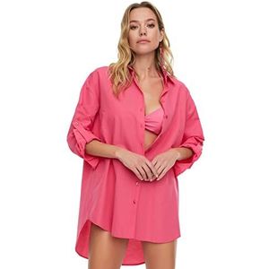 TRENDYOL Frau Relaxed Fit Basic T-shirt à col de chemise tissé, Rose, 44