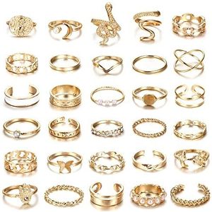 CASSIECA 30 stuks vintage gouden Boheemse knokkelringenset, vlinder, slang, stapelbare vingerringen voor vrouwen en meisjes, zilverkleurige ringen, pakket