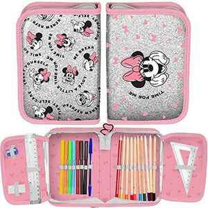 Paso Minnie Mouse pennenetui met pailletten, met accessoires, grijs en roze, zakorganizer