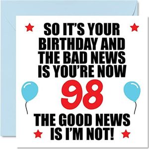 Grappige verjaardagskaart voor 98e verjaardag voor mannen en vrouwen – Bad News – verjaardagskaart voor papa, mama, tante, oom, grootvader, 145 mm x 145 mm
