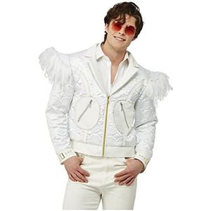 Smiffys Elton John Gewatteerde jas voor volwassenen met veren schouders, wit, officieel product, ideaal voor muziekthema verkleedkleding met veren ornamenten