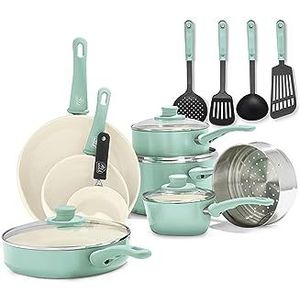 GreenLife Soft Grip Keramische kookgerei-set met antiaanbaklaag, 16-delig, inclusief braadpannen, sausplannen en ovenschotels, PFAS-vrij, vaatwasser, turquoise