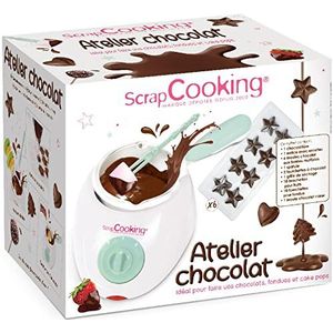 SCRAP COOKING - Chocoladeworkshop - Chocoladefondue-apparaat met accessoires - Set met 33 elementen voor het maken van zelfgemaakte chocolade, pannenkoeken, wafels - met vormen - wit/watergroen - 3902