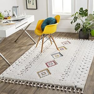 Surya Funafuti tapijt, Scandinavisch, zacht, boho, Azteekstijl, voor woonkamer en eetkamer, zacht, modern tapijt voor slaapkamer, groot tapijt, 160 x 213 cm, wit en crème