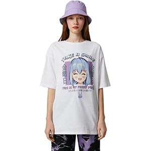 Koton Anime T-shirt voor dames, mouwen, ronde hals, casual fit, ecru (010), XS, Ecru (010)