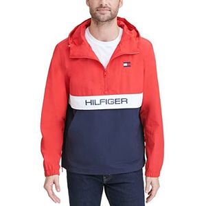 Tommy Hilfiger Retro lichtgewicht Taslan Hooded Popover Water Resistant Windbreaker Jacket Windbreaker Heren, Kleurenblok rood/marineblauw