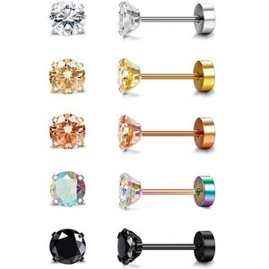 FIOROYAL 5 paar oorbellen voor dames en heren, chirurgisch staal, ronde zirkonia oorbellen voor tragus, 3 mm-6 mm, Zirkonia, Cubic Zirkonia