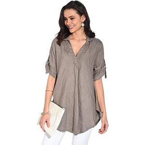 Bonateks Dames tuniek top 100% linnen gemaakt in Italië, blouse met V-hals en lange mouwen, desert, maat: XL