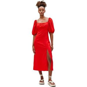 Koton Dames viscose midi-jurk met pofmouwen rood (414), 38, Rood (414)