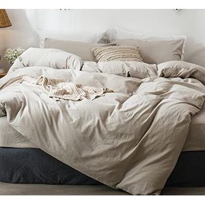 MooMee Effen beddengoed (1 dekbedovertrek + 2 kussenslopen), 100% gewassen katoen in gestructureerde linnenlook, ademend, duurzaam, zacht en comfortabel (linnen, groot bed)