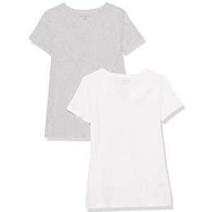 Amazon Essentials Dames T-shirt met V-hals en korte mouwen, klassieke pasvorm, lichtgrijs gemêleerd/wit, maat M
