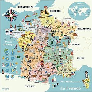 Vilac Frankrijk magnetische kaart Ingela P.A-Vanaf 5 jaar-7611, 7611, Veelkleurig