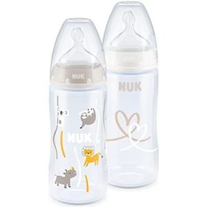 NUK First Choice+ Twin Set met temperatuurcontrole, kaakvriendelijke fopspeen, 2 x 300 ml flessen, BPA-vrij, 0-6 maanden, beige en wit