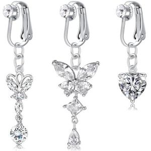 NIUSIMAN 3 stuks nep navelpiercing clip zilver navelpiercing chirurgisch staal zirkonia hart kristal bal hanger clip nep navel piercing vlinder lang voor dames, Roestvrij staal