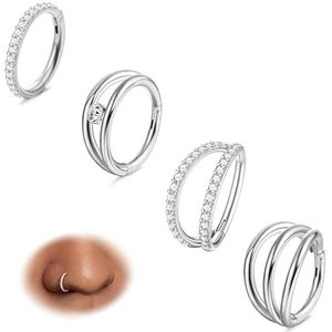 CASSIECA Set van 4 neusringen van chirurgisch staal 316L zirkonia voor helix, septum, kraakbeen, conch, daith, rook, tragus, lip, 18 g