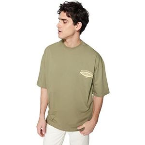 Trendyol T-shirt en tricot à col rond surdimensionné pour homme, kaki, S
