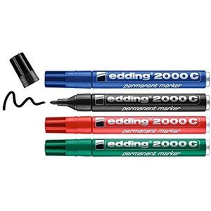 edding 2000 C Permanent marker - zwart, rood, blauw, groen - 4 stiften - ronde punt 1,5 - 3 mm - droogt snel - water- en veegbestendig - voor karton, kunststof, hout, metaal - marker universeel