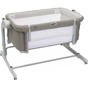 Chicco Next2Me Magic Evo babybed met kantelfunctie, zijpaneel, inklapbaar, in hoogte verstelbaar, 4 wielen, matras en reistas inbegrepen, beige