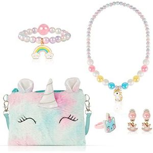 XiYee Pluche eenhoorn-tas met sieraden voor kinderen, eenhoorn, halsketting, armband, oorbellen, ringen, sieraden, cadeau, prinses, party, accessoires voor jurk
