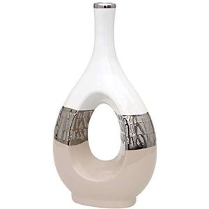 Dekohelden24 213103 keramische vaas ovaal met gat in cappuccino/zilver/wit, 18 x 9 x 33,5 cm