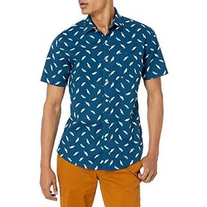 Amazon Essentials Heren bedrukt shirt korte mouwen klassieke pasvorm blauwgroene vogels maat M
