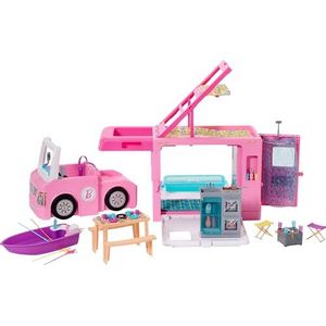 Barbie 3-in-1 droomkampeerder, volledig gemeubileerd, kan worden omgebouwd tot vrachtwagen, boot en huis met 60 speelgoedaccessoires, speelgoed vanaf 3 jaar, One Barbie Camper, GHL93