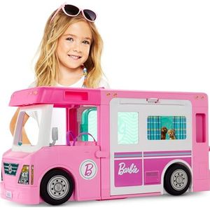 Barbie One Barbie Camper, GHL93, 3-in-1 droomcamper, volledig gemeubileerd, kan worden omgebouwd tot vrachtwagen, boot en huis met 60 speelgoedaccessoires, speelgoed vanaf 3 jaar