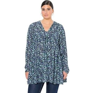 Ulla Popken Bluse, Alloverprint, A-lijn, ruit-uitgesneden, lange damesblouses, Navy Blauw, 48-50