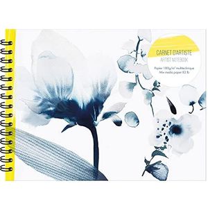Clairefontaine 115944C - Kunstenboek spiraalbinding 32 x 24 cm liggend - omslag met bloemenpatroon beschilderd met blauwe inkt - 40 vellen tekenpapier wit multitechniek 180 g - Inkebana collectie