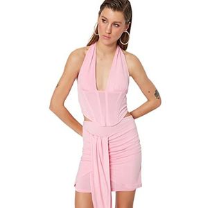 Trendyol Chemisier basique ajusté en tricot avec col en V pour femme, rose clair, 62