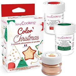 SCRAP COOKING - 3 kunstmatige kleurstoffen in poedervorm Kerstmis - Rood Groen Goud - Eetbare voedselkleurstoffen voor gebak - Taarten, koekjes en suikerpasta - Gemaakt in Frankrijk - 4018