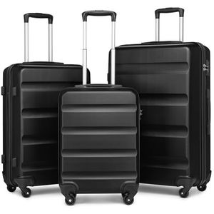 Kono Set van 3 lichte ABS-koffers met TSA-slot en 4 zwenkwielen, zwart., Lichte koffer van hard ABS