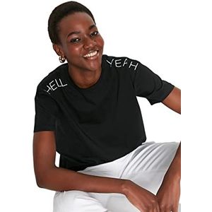 Trendyol T-shirt basique en tricot à col rond pour femme Coupe droite, Noir, M