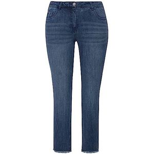 Ulla Popken Sarah opschrift, hoge taille, smalle jeans met franjes, Denim blauw