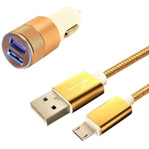 Autolader voor Wiko View 3 Lite, micro-USB-smartphone (metalen kabel en dubbele adapter voor sigarettenaansteker) goudkleurig