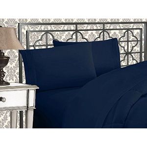 Elegant Comfort 4-delige beddengoedset van 1500 hotelkwaliteit microvezel met borduurwerk met drie regels, kreuk- en lichtbestendig, voor tweepersoonsbed, marineblauw