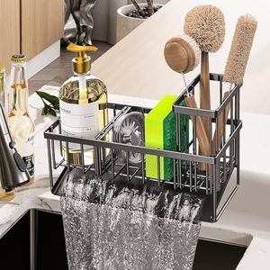 Sponshouder voor gootsteen, keuken, organizer voor gootsteen van roestvrij staal, met automatische afvoerbak, sponsopslag, gootsteen, keuken, super accessoires voor keuken, zwart.