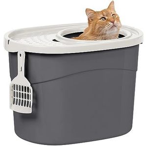 Iris Ohyama, gesloten kattenbak, geen verspreiding van kattenbakvulling en geurtjes, met schepje, deksel met ventilatiegaten - Kattentoilet met ingang boven, TECL-20 - Grijs