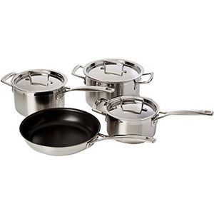 Le Creuset 7-delige set van roestvrij staal, 3-laags, met bijpassende deksel, 1 kookpan (4 l), 2 pannen (1,9/2,8 l), 1 pan met antiaanbaklaag (24 cm), roestvrij staal, zilverkleurig, 96209100001000